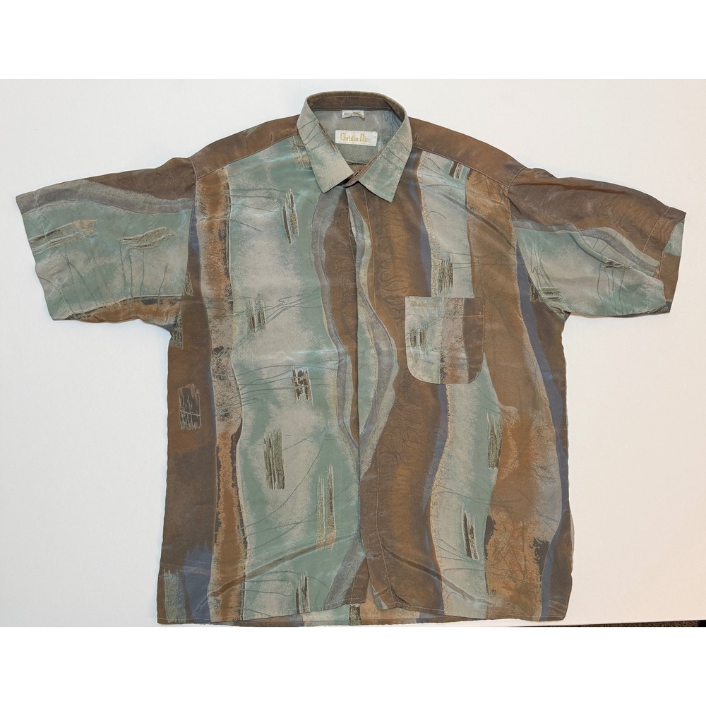 Christian Dior Mens 100% Silk Abstract Short Sleeve Button Down Shirt Brown Blue